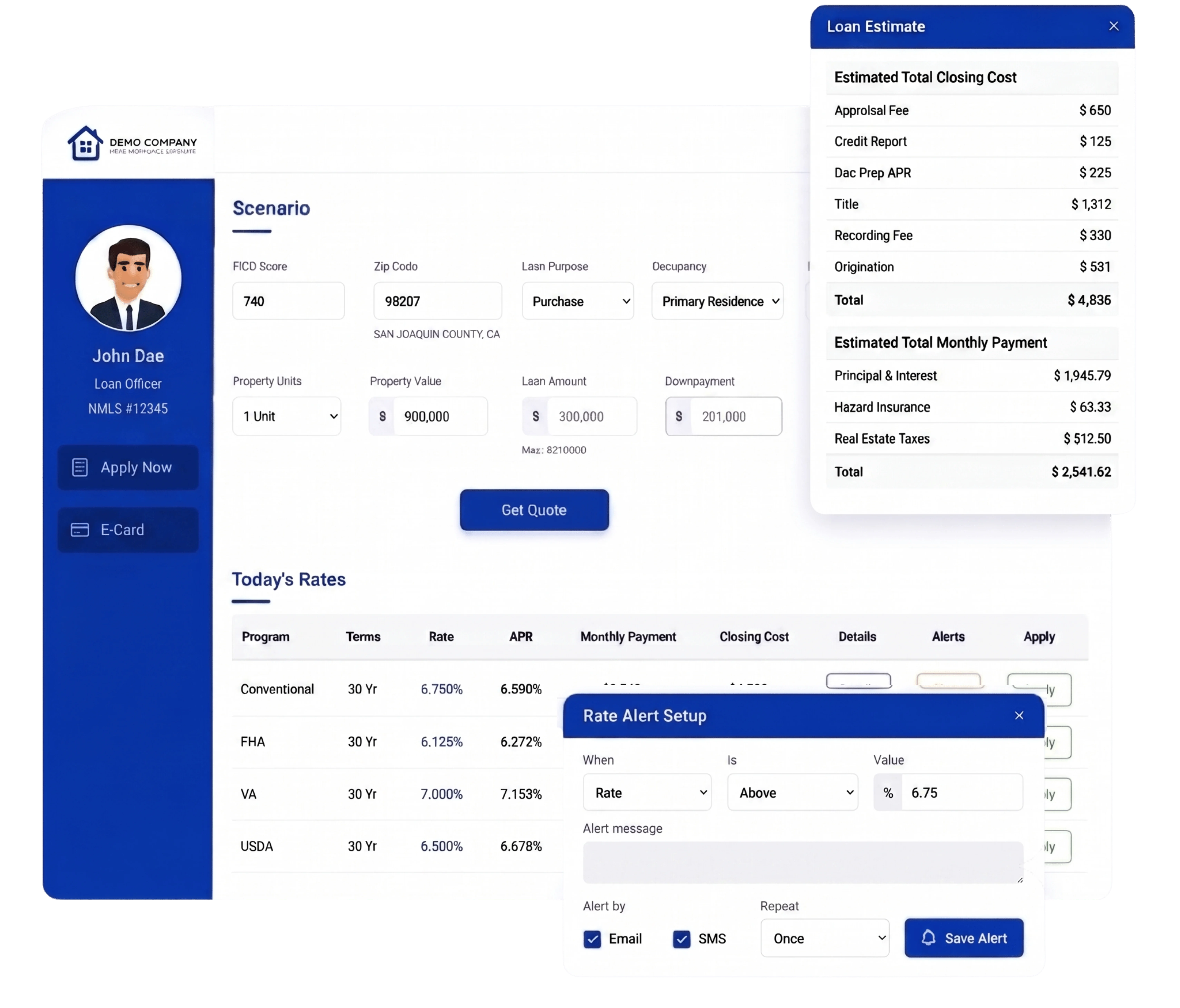MLO quotation system showing mortgage scenarios, live rates, payments, and loan estimates